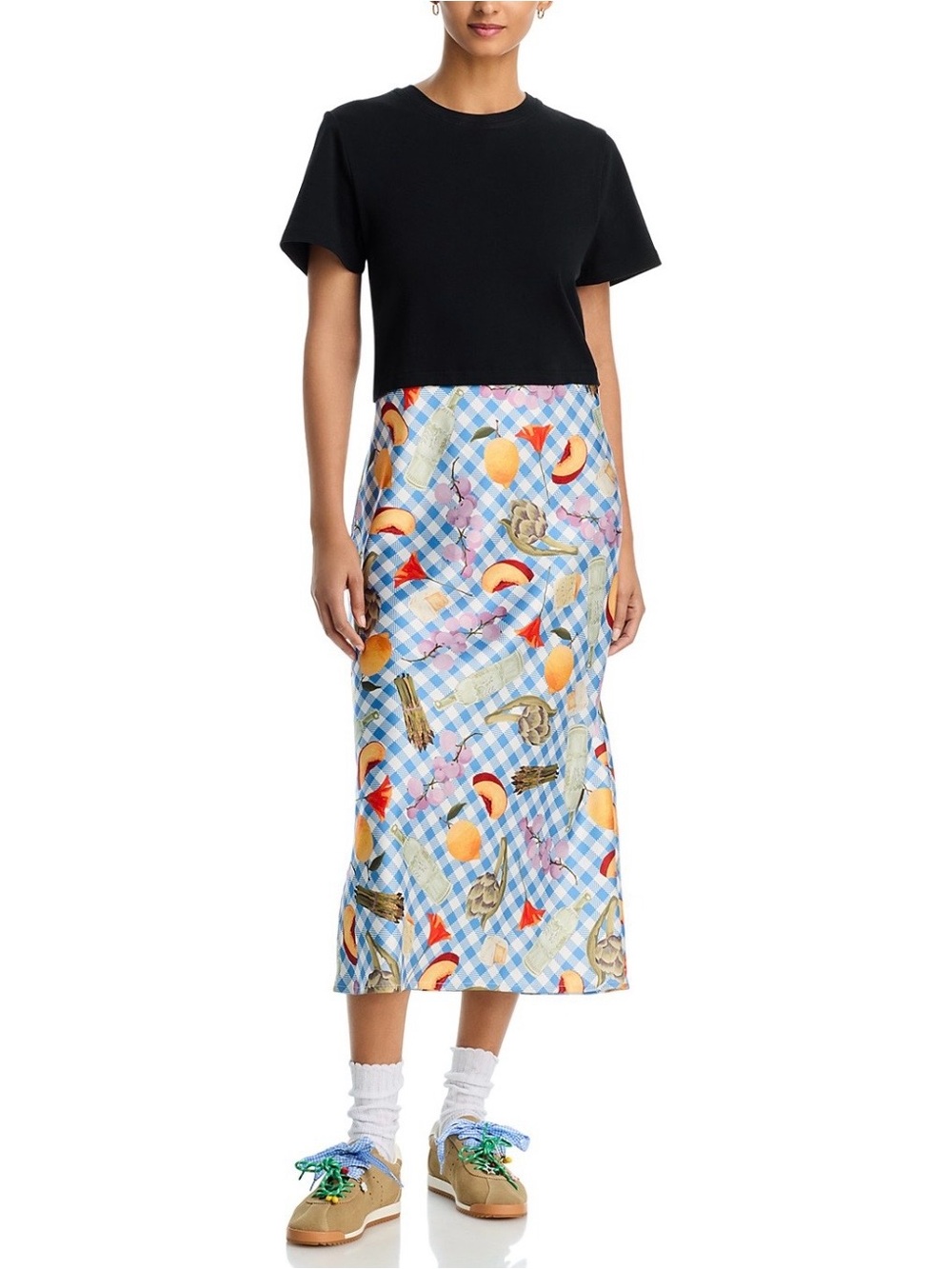 Aqua Blue Gingham Maxi Dress with Fruit & Floral Print